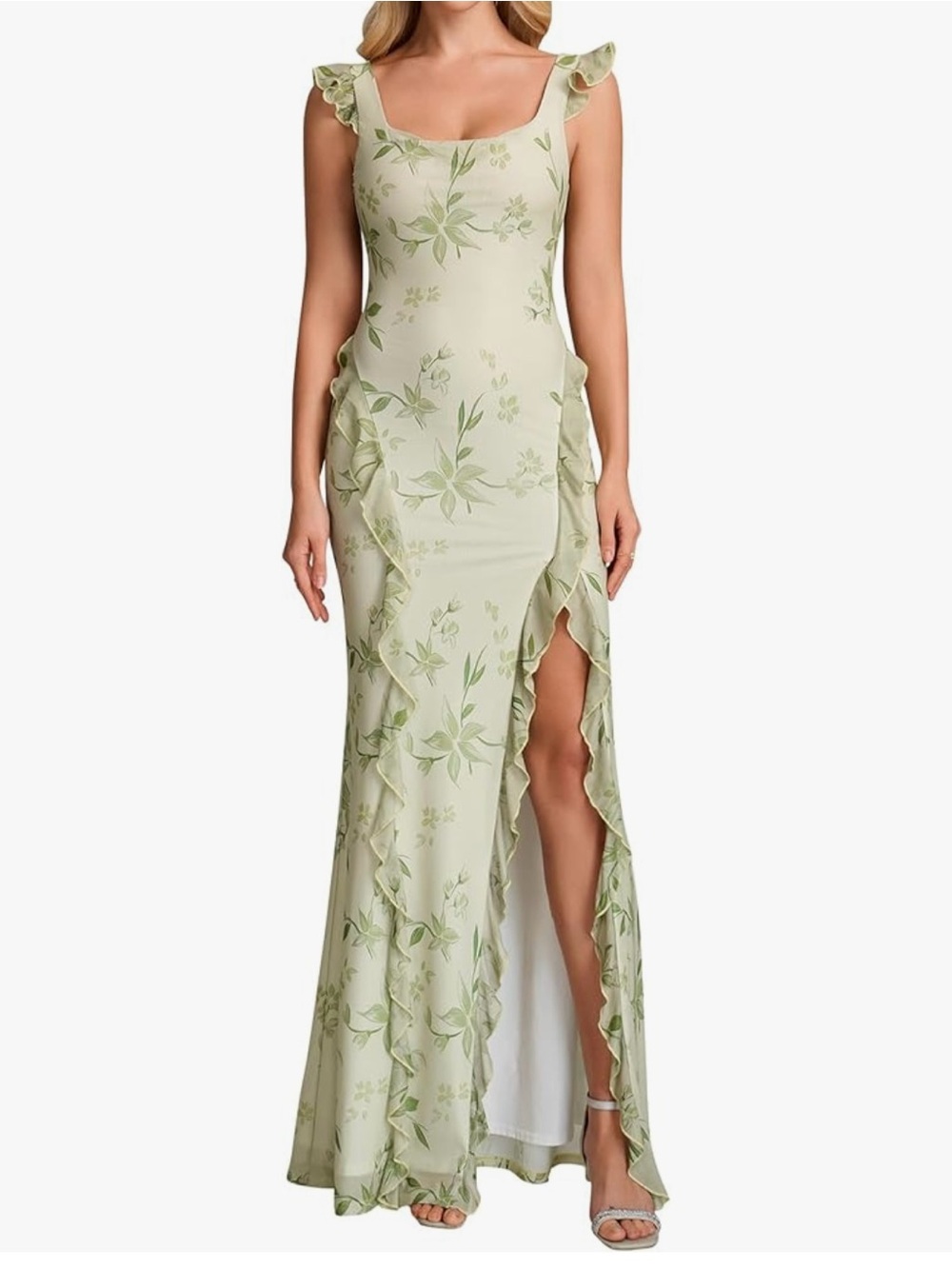 NWT Woman’s Green Floral Ruffle Maxi Dress